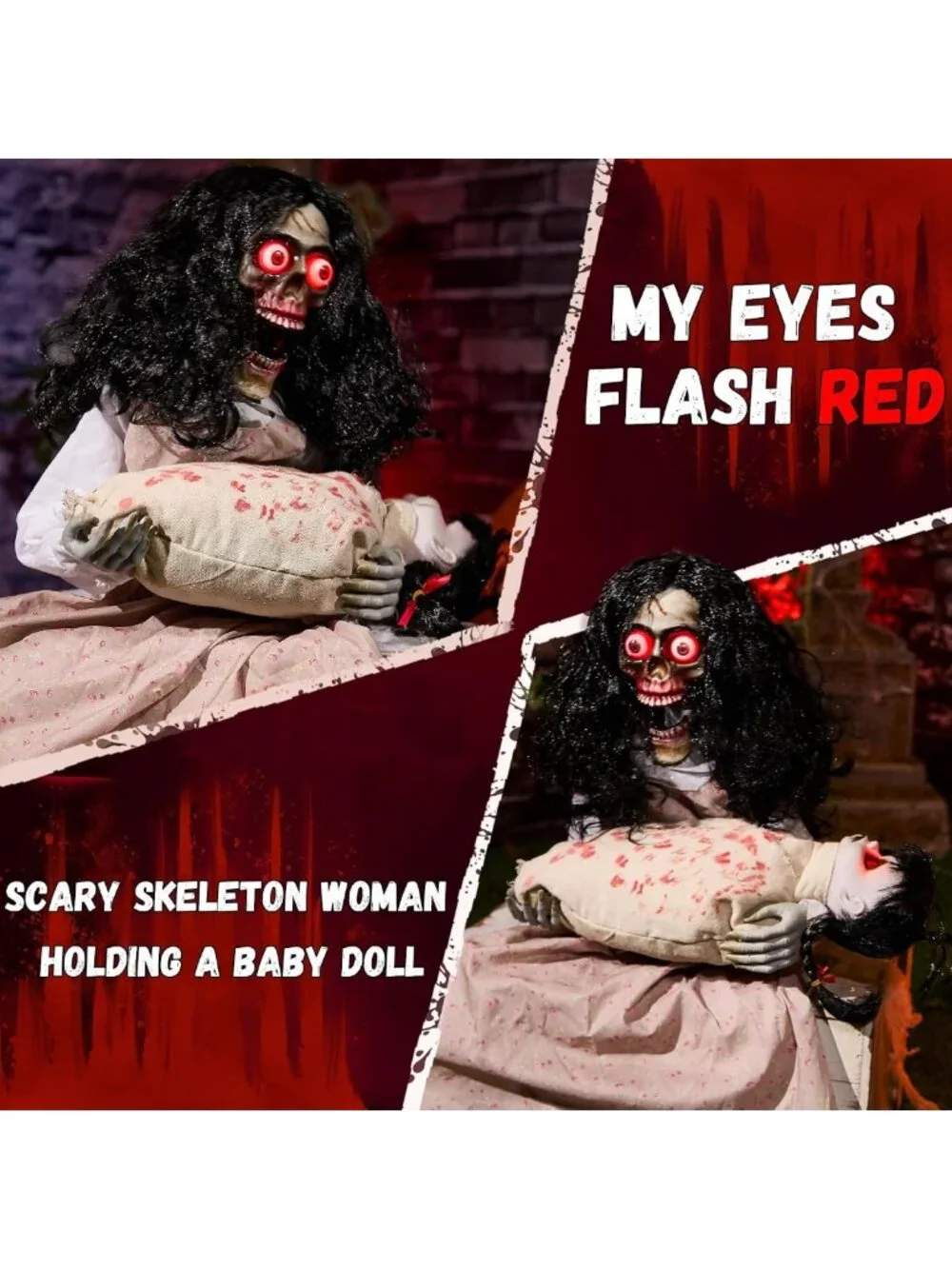 Creepy Sitting Skeleton & Doll Animatronics with Sound, Light Up Eyes